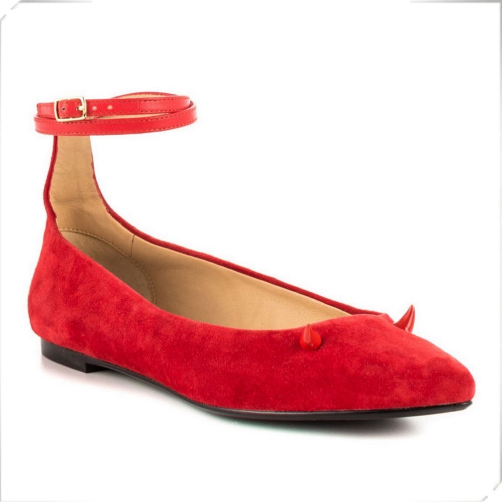 Taylor Says Red Punk Goth Suede Devil Ankle Strap Flats with Horns